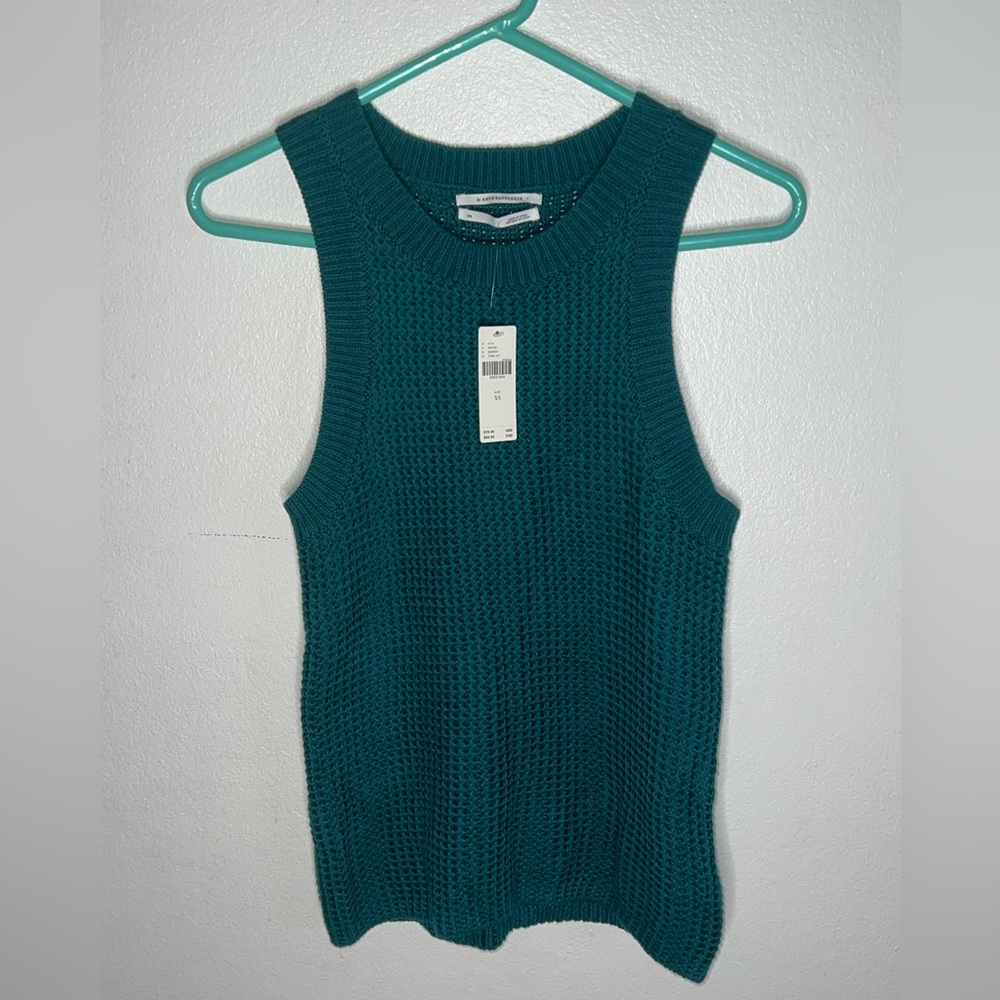 Anthropologie Turquoise Teal Open Knit Sleeveless Sweater Tank Top XS NWT